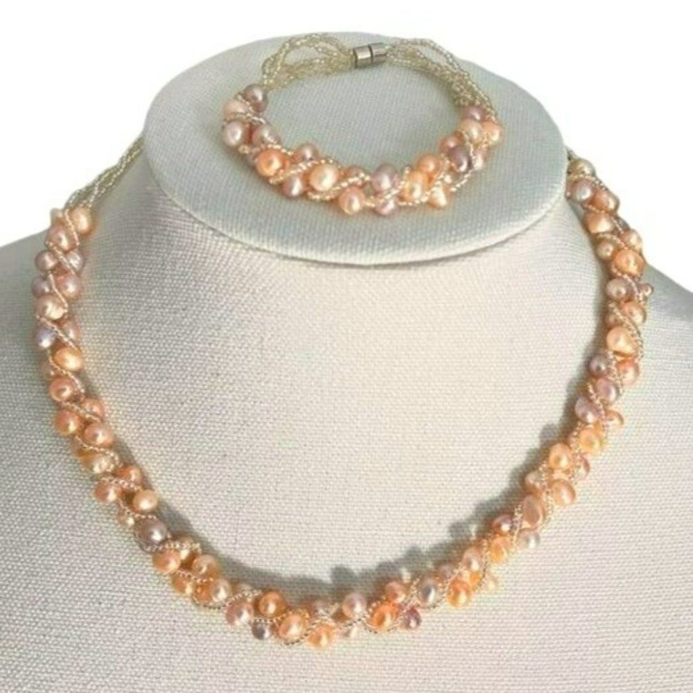 Colored Freshwater Pearls With Crystals Woven Thread Necklace Set Magnetic Clasp